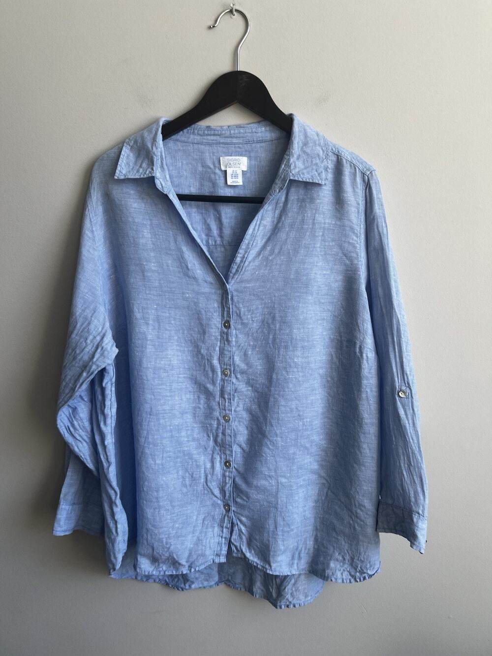 Sigrid Olsen Shirt Womens 2X Blue 100% Linen Button Up Roll Tab Coastal Minimal